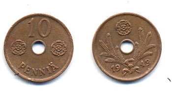 Финляндия 10 пенни 1943 республика (1918-1962) KM 33.1 медь 51-5024