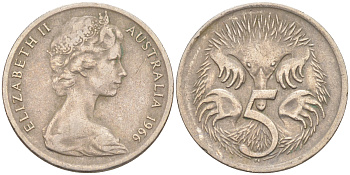 АВСТРАЛИЯ 5 ЦЕНТОВ 1966 ЕЛИЗАВЕТА II (1952-), МОЛОДОЙ ПОРТРЕТ, ЕХИДНА KM 64 медно-никель 4541-435