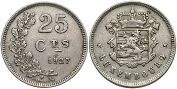 ЛЮКСЕМБУРГ 25 САНТИМОВ 1927 ШАРЛОТТА (1919-1964) KM 37 медно-никель 27-315