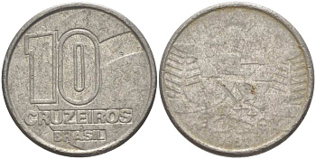 Бразилия 10 крузейро 1990 золотодобыча KM 619.1 нержавеющая сталь 4178-727