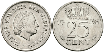 НИДЕРЛАНДЫ 25 ЦЕНТОВ 1956 ЮЛИАНА KM 183 никель 96-135
