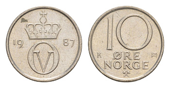 Норвегия 10 эре 1987 Улаф V (1957-1991) KM 416 медно-никель 4632-1213