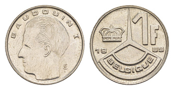 Бельгия 1 франк 1989 Belgique, Бодуэн I (1951-1993) KM 170 железо плакированное никелем 4632-563