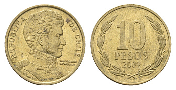 Чили 10 песо 2009 KM 228 никель латунь 4664-438
