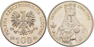 Польша 100 злотых 1988 MW, серия Польские правители, королева Ядвига (1384-1399) KM 183 медно-никель  UNC  4149-233
