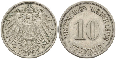 Германия 10 пфеннигов 1912 F KM 12, Jager 13, Weege 8 медно-никель 219-225