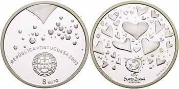 Португалия 8 евро 2003 Чемпионат Европы по футболу UEFA ЕВРО-2004 в Португалии, логотип чемпионата, сердца, тираж 15000 экз. KM 751 а серебро PROOF 05-122-21