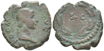 Римская Империя квадранс 81 - 96 Домициан, голова МИНЕРВЫ, IMP DOM AVG / S C в венке, Рим (из немецкой коллекции 1-й половины XX века, с владельческим конвертом) RIC 436 бронза 1073-15-73