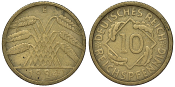 Германия 10 рейхспфеннигов 1924 E KM 40, J. 317 алюминиевая бронза 4121-856