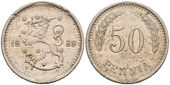 ФИНЛЯНДИЯ 50 ПЕННИ 1939 S KM 26 медно-никель 192-1119