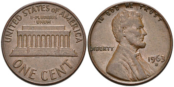 США 1 цент 1963 D, Линкольн KM 201 медь цинк 4564-424