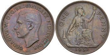 Великобритания 1 пенни 1937 Георг VI (1936-1952) KM 845, Spink 4114 бронза 4144-522