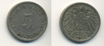 ГЕРМАНИЯ 5 ПФЕННИГОВ 1914 A, KM 11, J. 12 медно-никель 54-215