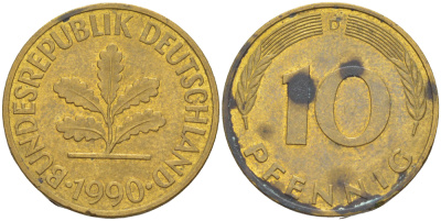 ФРГ 10 ПФЕННИГОВ 1990 D KM 108, J. 383 сталь плакированная латунью 4182-954