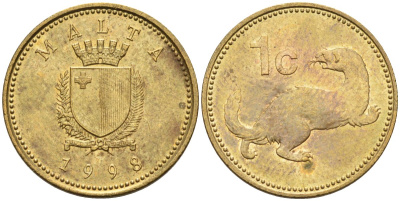 Мальта 1 цент 1998 ласка, горностай KM 93 никель латунь 4585-1246