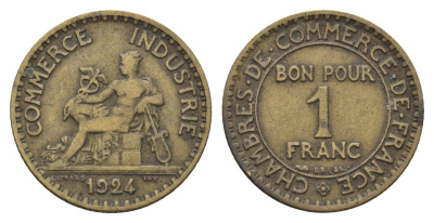 Франция 1 франк 1924 KM 876 алюминиевая бронза 4673-1123