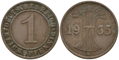 Германия 1 рейхспфенниг 1935 A KM 37, J. 313 бронза 4189-1259