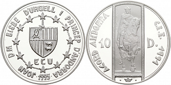Андорра 10 динеров 1995 Рамон Беренгер III (1082-1131), таможенный союз ECU KM 105 серебро PROOF 11-073-32