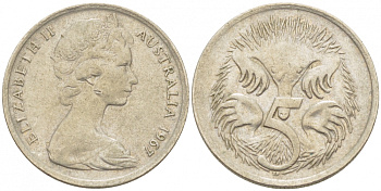 АВСТРАЛИЯ 5 ЦЕНТОВ 1967 ЕЛИЗАВЕТА II, МОЛОДОЙ ПОРТРЕТ, ЕХИДНА KM 64 медно-никель 3851-1121