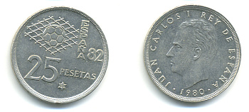 Испания 25 песет 1980 (80) чемпионат мира по футболу KM 818 медно-никель 89-1424