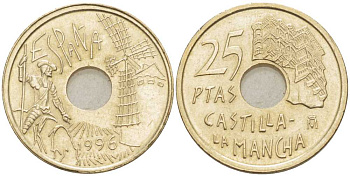 ИСПАНИЯ 25 ПЕСЕТ 1996 КАСТИЛЬЯ - ЛА МАНЧА - ДОН КИХОТ, ХУАН КАРЛОС I (1975-) KM 962 медь цинк никель 213-217