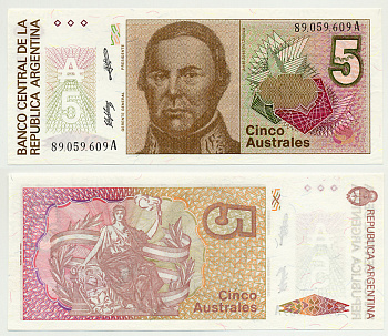 АРГЕНТИНА 5 АУСТРАЛЕЙ 1989 СЕРИЯ А 89059, ХОСЕ де УРКИСА, ПРЕЗИДЕНТ АРГЕНТИНСКОЙ КОНФЕДЕРАЦИИ (1856-1860) Pick 324 бумага UNC (ПРЕСС) 6301-7-2