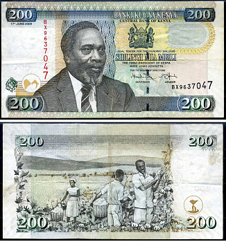 Кения 200 шиллингов 2009 1-й президент Джомо Кениата (1964-1978) Pick 49 d бумага 7214-41-3-2