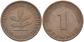 ФРГ 1 пфеннниг 1978 D KM 105, J.380 сталь плакированная медью 4608-321
