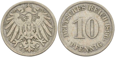 ГЕРМАНИЯ 10 ПФЕННИГОВ 1896 D KM 12, J. 13 медно-никель 4401-956