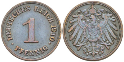 ГЕРМАНИЯ 1 ПФЕННИГ 1910 F KM 10, Jager. 10, Weege 2 медь 4528-1263