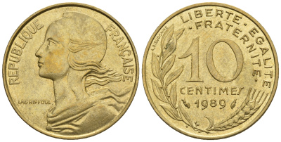 Франция 10 сантимов 1989 тип Marianne KM 929, le Franc 144.29 алюминиевая бронза 4609-269