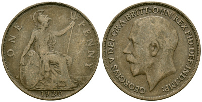 Великобритания 1 пенни 1920 Георг V (1910-1936) KM 810, Spink 4051 бронза 4120-814