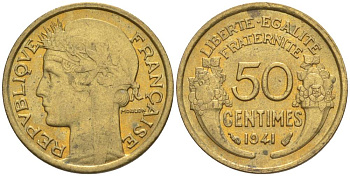 Франция 50 сантимов 1941 тип Морлон KM 894.1, Le Franc 192.18 алюминиевая бронза 44-364