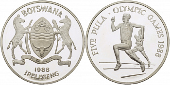 Ботсвана 5 пула 1988 XIV летние олимпийские игры в Сеуле, бег, тираж 25000 экз. КМ 21 серебро PROOF 1077-8-64