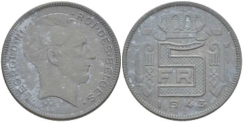 БЕЛЬГИЯ 5 ФРАНКОВ 1943 BELGES, ЛЕОПОЛЬД III (1934-1950) ГЕРМАНСКАЯ ОККУПАЦИЯ, ВТОРАЯ МИРОВАЯ ВОЙНА KM 129.1 цинк 202-1143