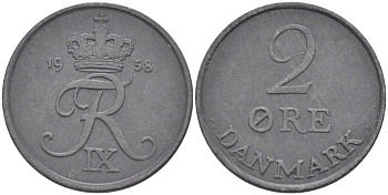 ДАНИЯ 2 ЭРЕ 1958 C; S, ФРЕДЕРИК IX (1947-1972) KM 840.2 цинк 67-252