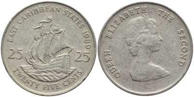 Восточно-Карибские штаты 25 центов 1989 Елизавета II (1952-2022), парусник KM 14 медно-никель 85-314
