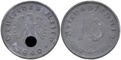 ГЕРМАНИЯ 10 РЕЙХСПФЕННИГОВ 1940 A KM 101, J. 371 цинк 4401-822