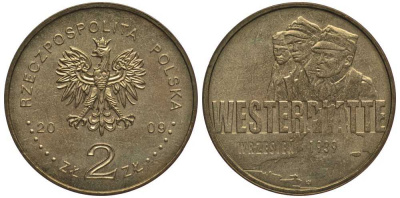 Польша 2 злотых 2009 MW, оборона Вестерплатте в сентябре 1939 года KM 694 латунь 114-443