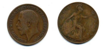 Великобритания 1 пенни 1920 Георг V (1910-1936) КМ 810, Spink 4051 бронза 47-436