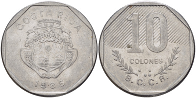 Коста-Рика 10 колонов 1985 B.C.C.R. KM 215.2 нержавеющая сталь 82-114