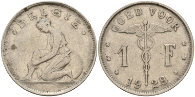 Бельгия 1 франк 1928/23 Belgie KM 90 никель    4161-1156