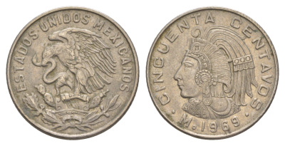 Мексика 50 сентаво 1969 Куаутемок, последний правитель империи ацтеков KM 451 медно-никель 4656-1211