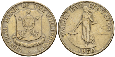 Филиппины 25 сентаво 1960  KM 189.1 медь цинк никель  UNC  4161-1152
