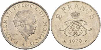 Монако 2 франка 1979 Ренье III (1949-2005) KM 157 никель 73-1451