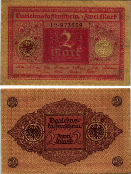 ГЕРМАНИЯ 2 МАРКИ 1920 1 МАРТА 1920, ВЕЙМАРСКАЯ РЕСПУБЛИКА, КРАСНАЯ, СЕРИЯ 12 Pick 59, Rosenberg 65b бумага XF+ 7183-15-1-1