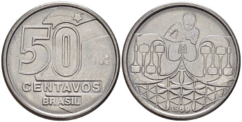 БРАЗИЛИЯ 50 СЕНТАВО 1989 РЕФОРМА 1989-1990 KM 614 нержавеющая сталь 116-1261