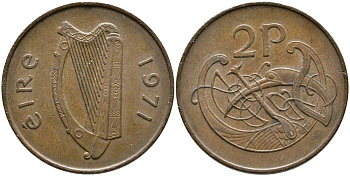 Ирландия 2 пенса 1971 виньетка в виде стилизованной птицы из второй библии Карла II лысого KM 21 бронза 4525-1123