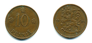 Финляндия 10 пенни 1924 республика (1918-1962) KM 24 медь 46-1755