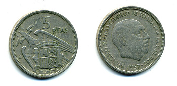 ИСПАНИЯ 5 ПЕСЕТ 1957 (58) ФРАНСИСКО ФРАНКО ДИКТАТОР ИСПАНИИ (1939-1975) KM 786 медно-никель 53-1234